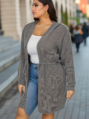 Solid Drawstring Sweater Cardigan Women's Plus Long Sleeve Casual Hood