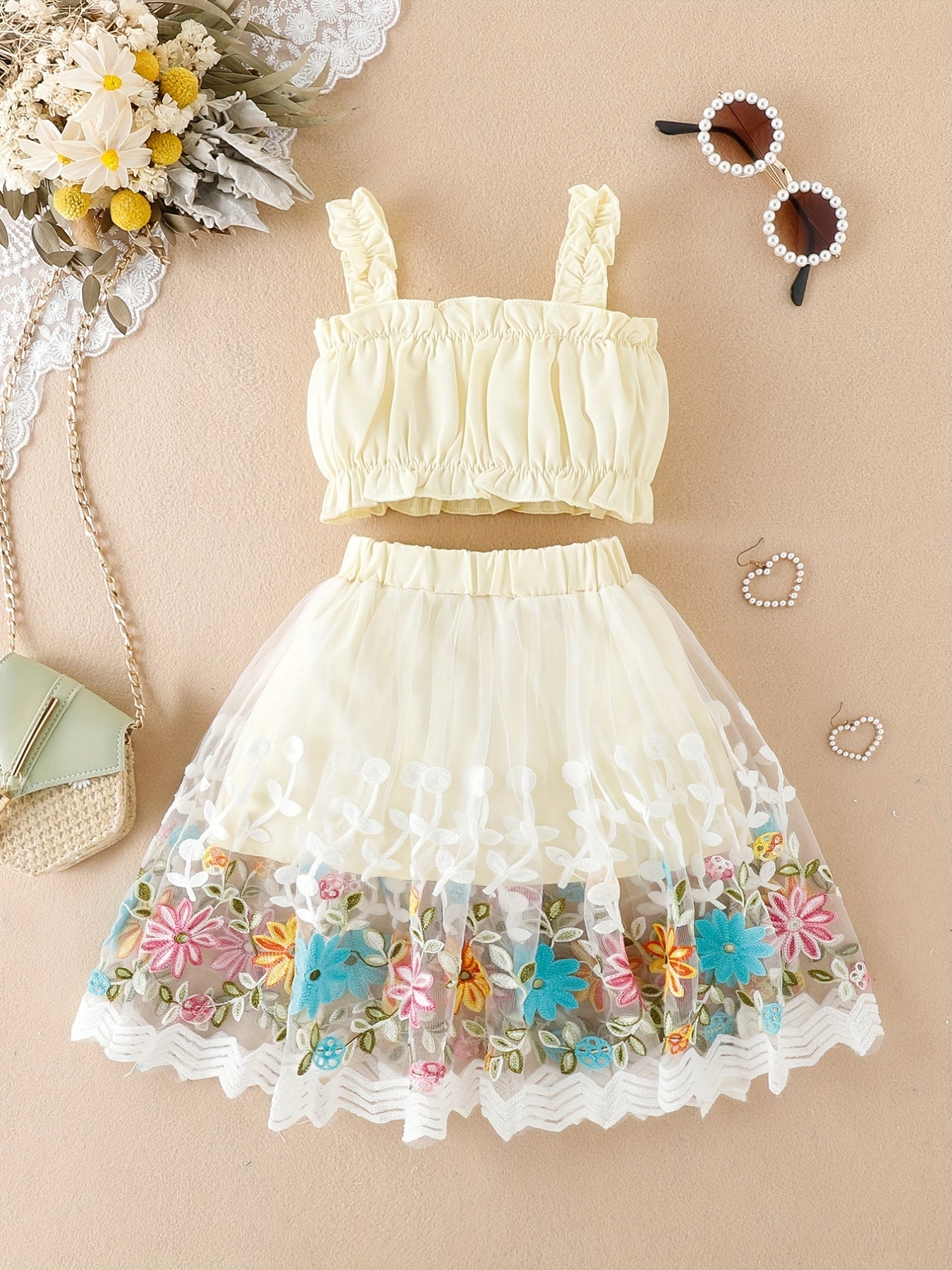 2pcs Baby Girls Camisole Top & Mesh Flower Skirt Set
