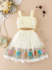 2pcs Baby Girls Camisole Top & Mesh Flower Skirt Set