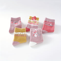 5 Pairs Kids Girls Baby Pink Cartoon Rabbit Strawberry Mid Tube Socks