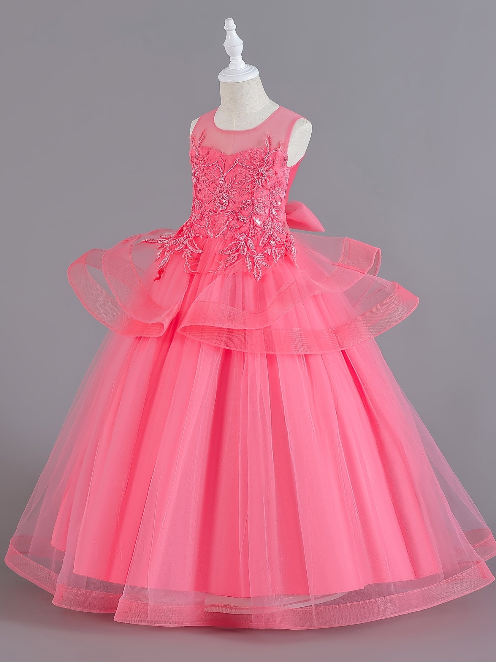 Girls Sleeveless Princess Dress Flower Embroidery Bow Decor Tulle Tutu Dress
