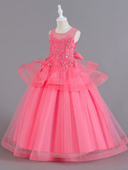 Girls Sleeveless Princess Dress Flower Embroidery Bow Decor Tulle Tutu Dress