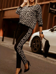 Leopard Print Two piece Set Long Sleeve Tops & Slim Pants