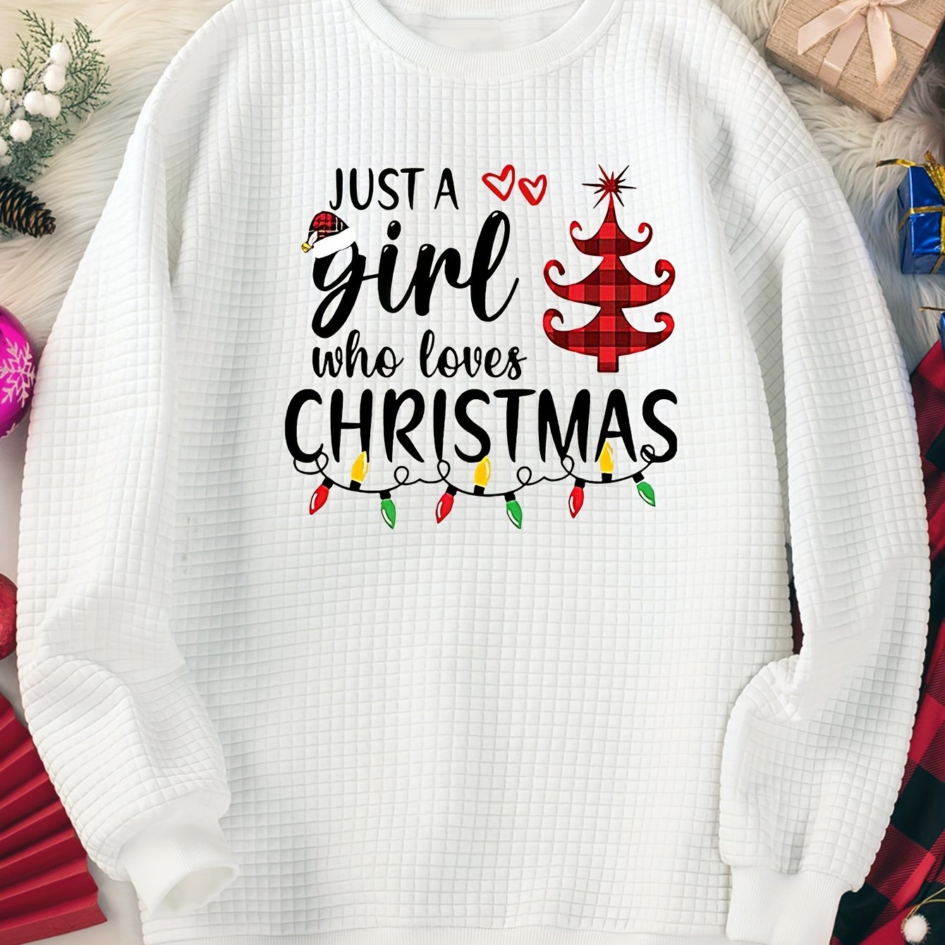 Women's Plus Christmas Tree & Slogan Print Long Sleeve Top