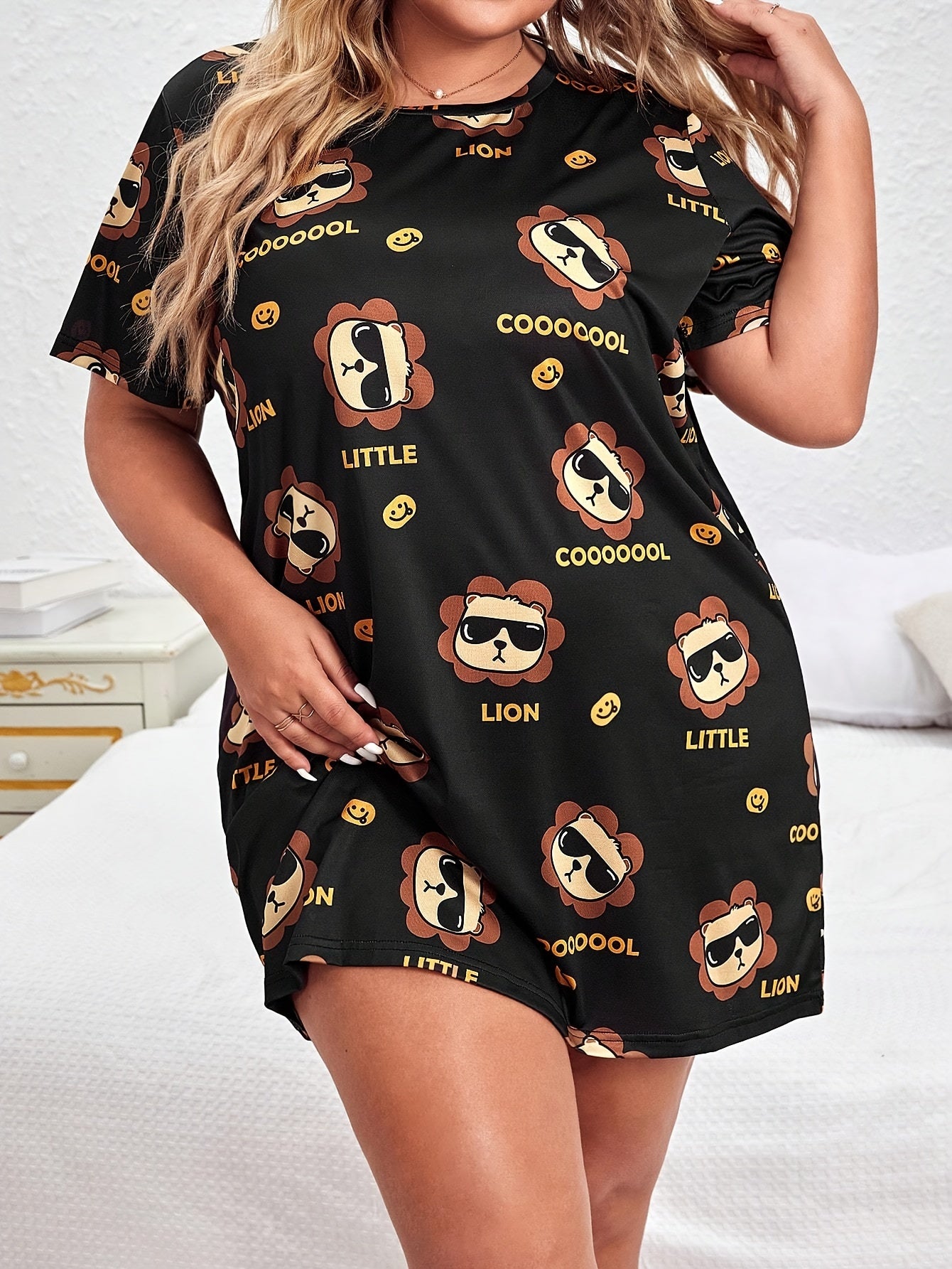 Plus Size Nightdress Cartoon Print Short Sleeve Round Neck Casual Sleep Dress