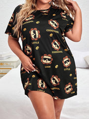 Plus Size Nightdress Cartoon Print Short Sleeve Round Neck Casual Sleep Dress
