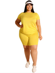 Solid Top & High Waist Skinny Shorts Set Women's Plus Co ords