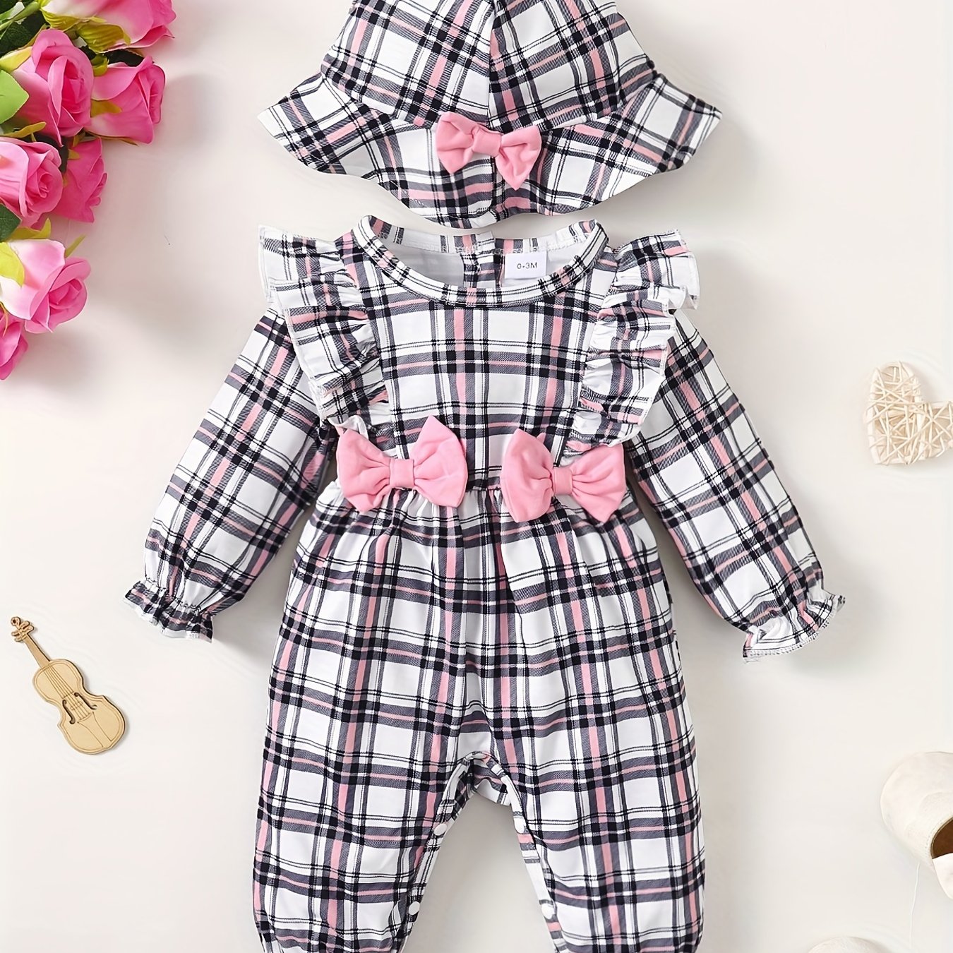 Plaid Bow Outfit Baby Girls 2pc Bodysuit & Hat Set