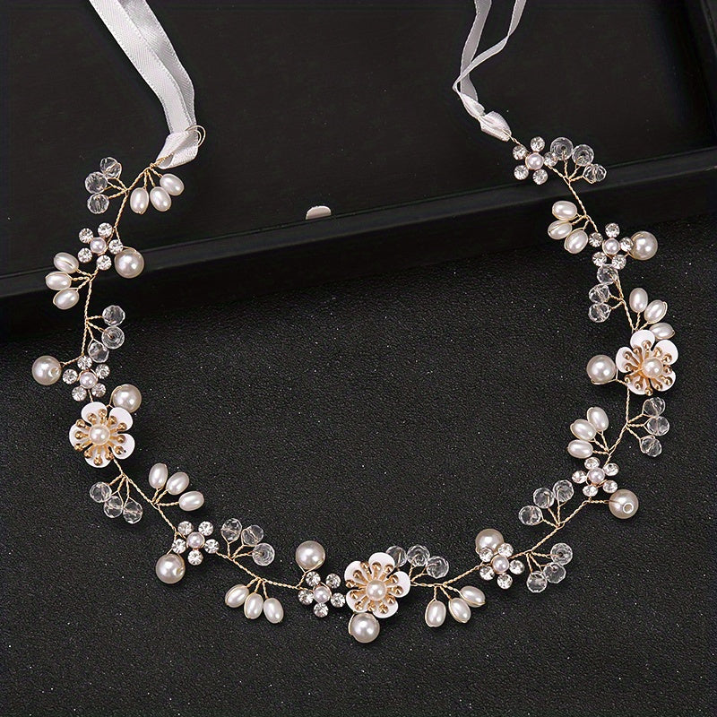 Silvery Flower Leaf Headband Faux Pearl Head Piece Bridal Wedding Hair Accessori