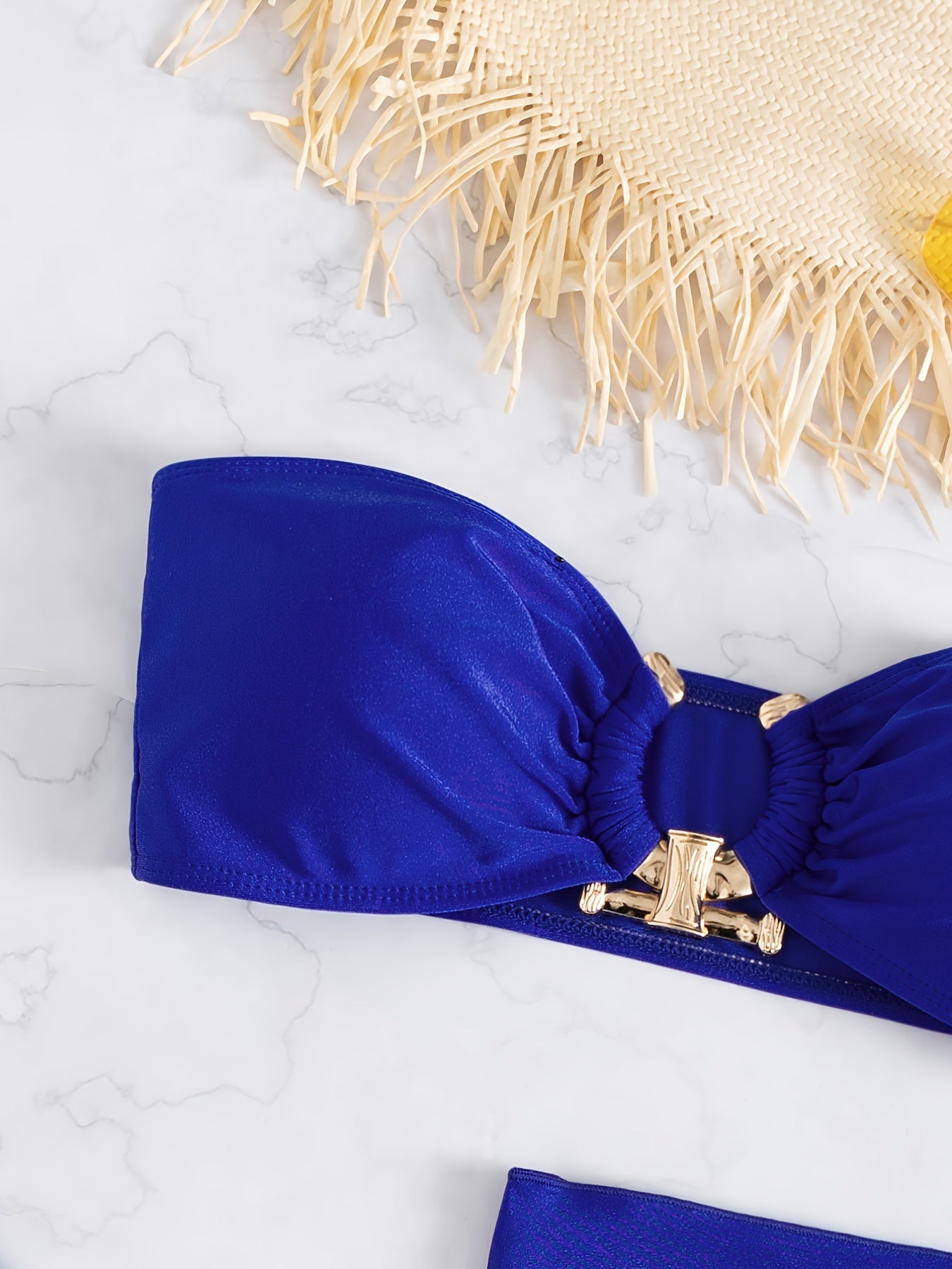 Metal U Ring Bandeau Navy Bikini Set with Cover Up