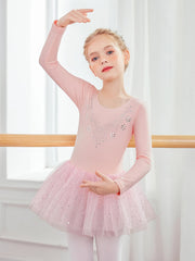 Girls Sequin Long Sleeve Ballet Tutu Leotard for Dance Performance