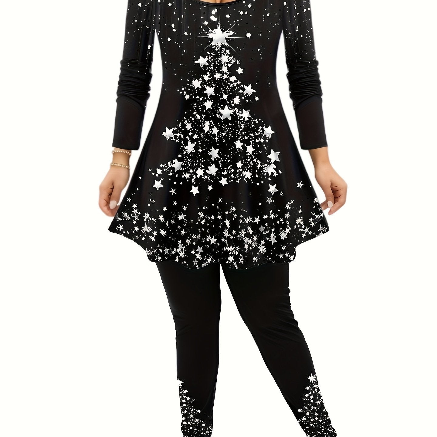 Glitter Christmas Tree & Star Print Tunic Top & Leggings Set