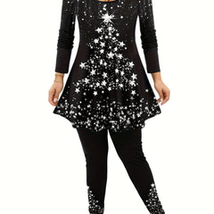 Glitter Christmas Tree & Star Print Tunic Top & Leggings Set
