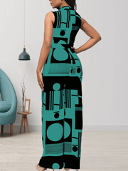 Graphic Print Sleeveless Jumpsuit V Neck Wide Leg Jumpsuit