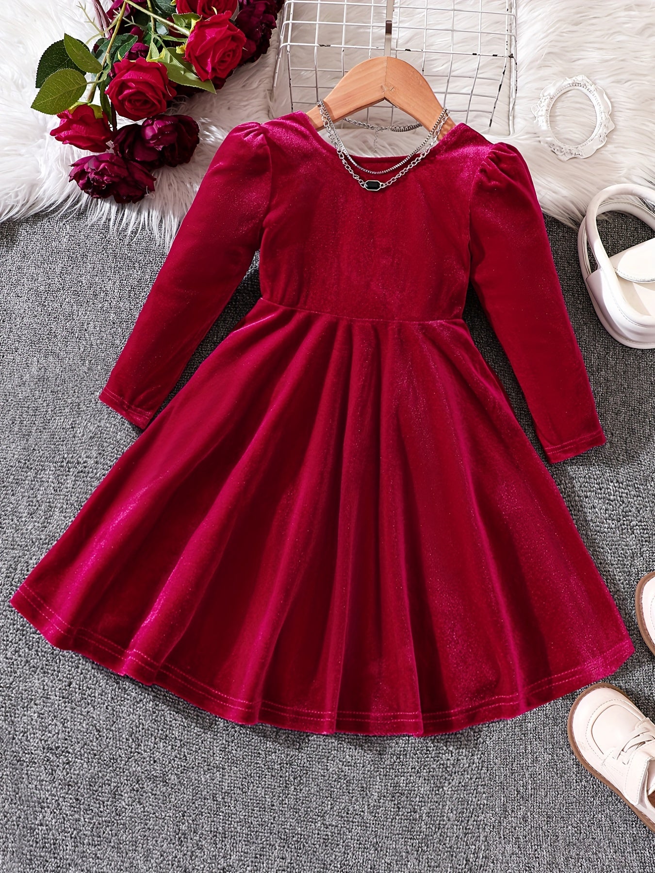 Girls Vintage Velvet Dress Back Bowknot Long Sleeve Party