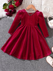 Girls Vintage Velvet Dress Back Bowknot Long Sleeve Party