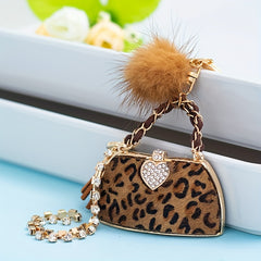 Leopard Bag & Pom Pom Bracelet Keychain Rhinestone Key Ring Purse Charm