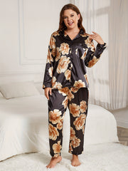 Satin Floral Print Pajama Set Button Up Shirt & Pants
