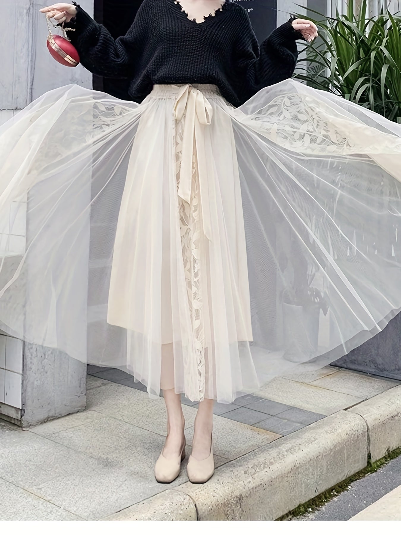 Lace Pleated Maxi Skirt with High Waist