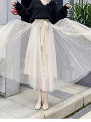 Lace Pleated Maxi Skirt with High Waist