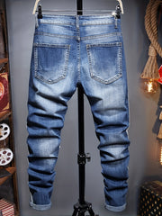 Stylish Patchwork Slim Fit Ripped Jeans Men's Casual Street Style Distressed