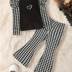 Girl's Heart Print Top & Flared Pants Set Houndstooth Pattern Outfit