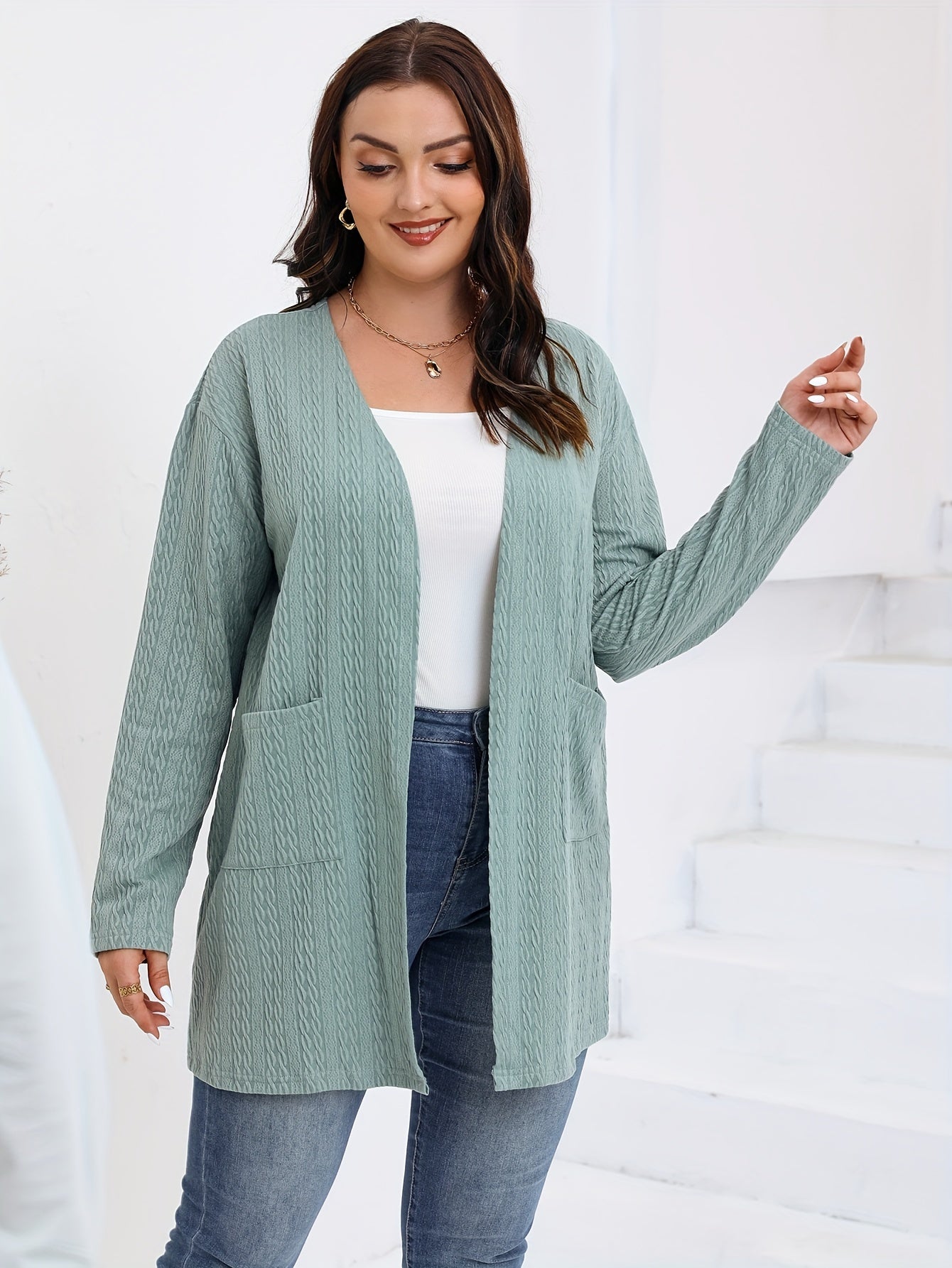 Casual Cardigan Women's Plus Solid Open Front Knitted Cardigan
