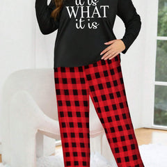 Letter Graphic Long Sleeve Tee & Plaid Pants Lounge Set