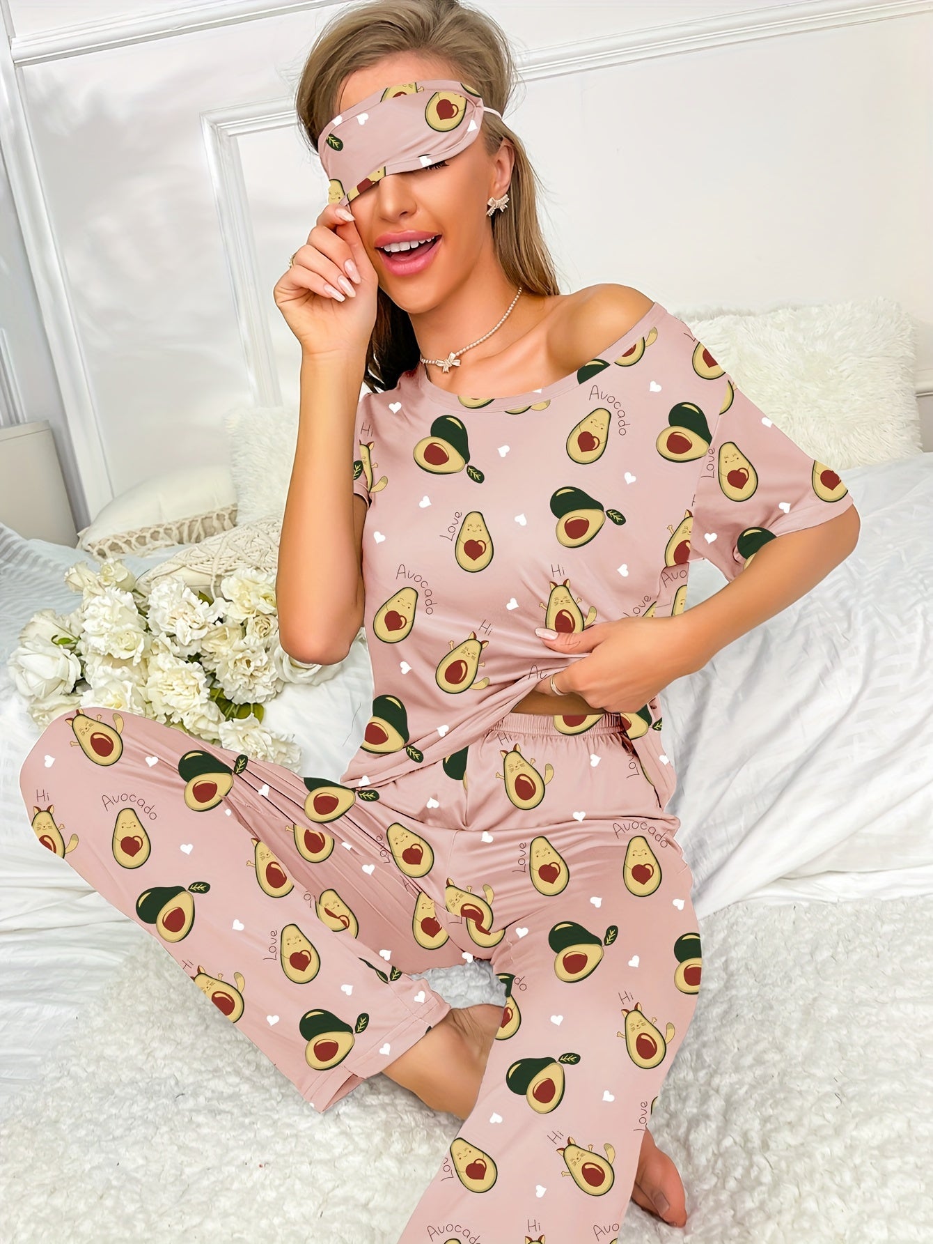 Women's Fruit Print Two piece Pajama Set Short Sleeve Tops & Pants