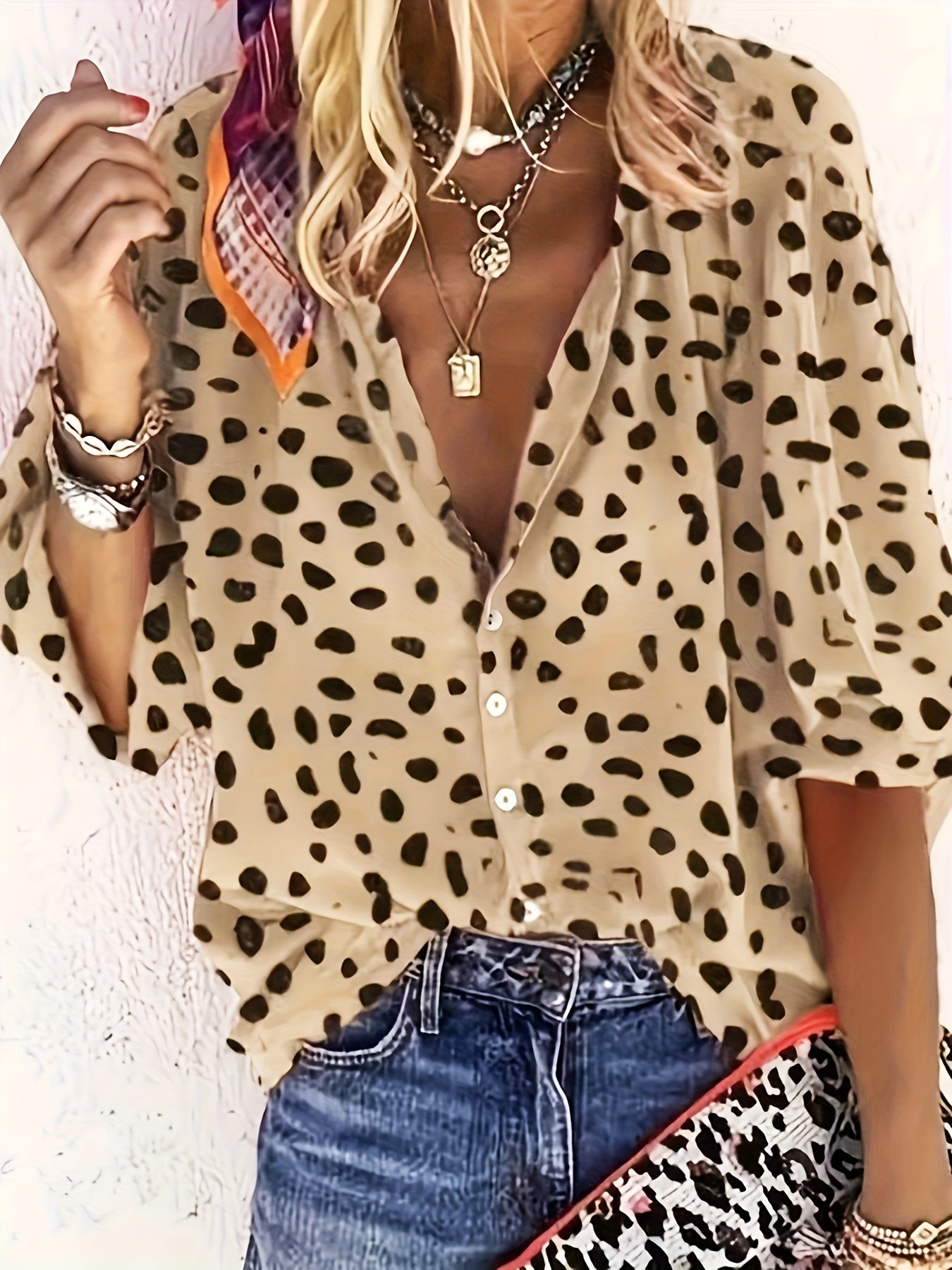 Women's Plus Leopard Print Button Up Long Sleeve Blouse