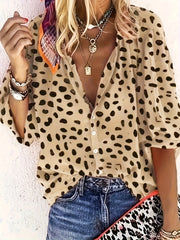 Women's Plus Leopard Print Button Up Long Sleeve Blouse