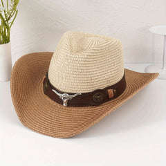 Vintage Bull Head Belt Cowboy Hat Straw Jazz Hat for Women & Men