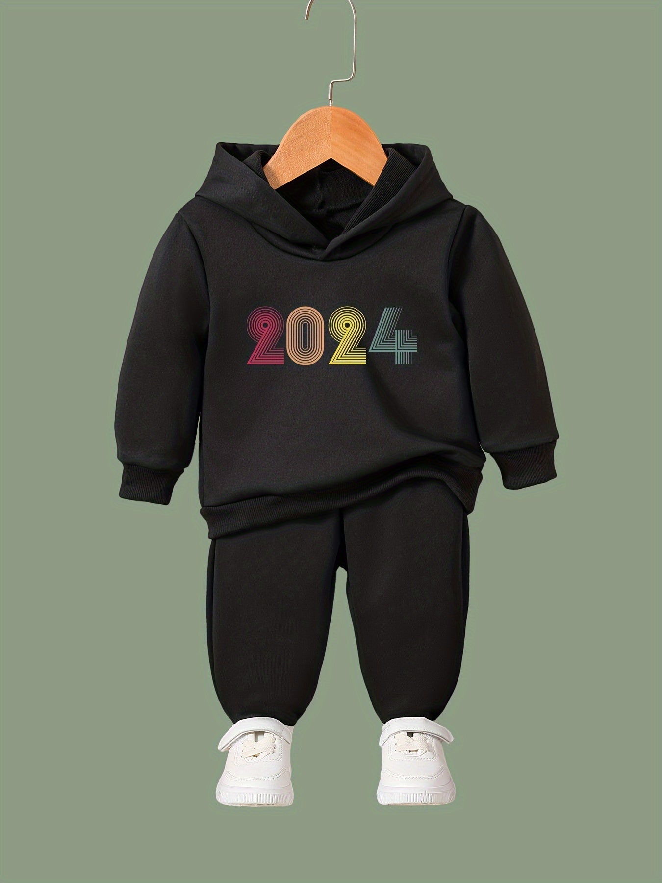 Girls Alphabets Pattern Hooded Sweatshirt Solid Sweatpants Set Kids Clothes
