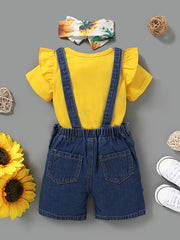 3pc Toddler Girls Ruffle Trim T Shirt Tops & Sunflower Ripped Overalls Set