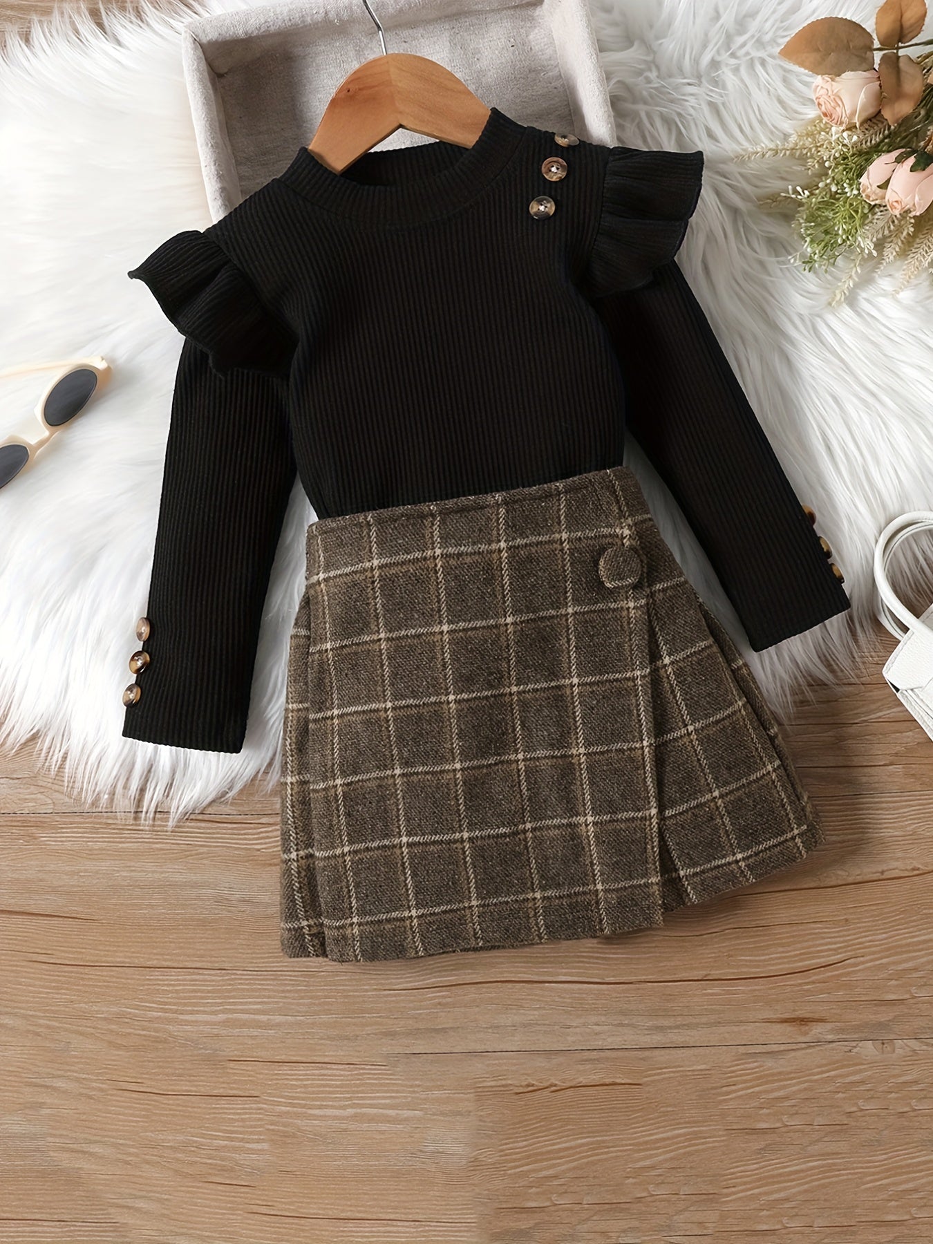 Girl's Ribbed Top & Plaid Shorts Set Casual Outfits Kids Clothes