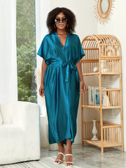 Women's Plus Satin Short Sleeve Belted Kimono Cover Up