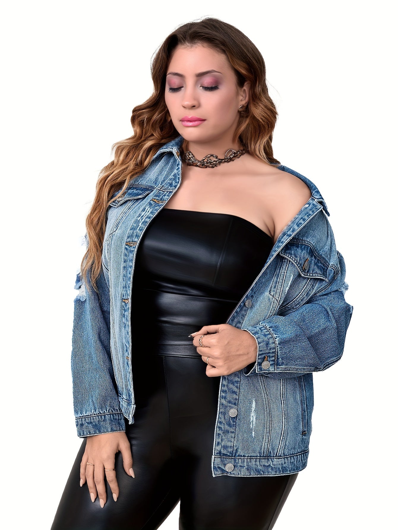 Casual Denim Top Women's Plus Washed Long Sleeve Button Up Jacket