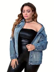 Casual Denim Top Women's Plus Washed Long Sleeve Button Up Jacket