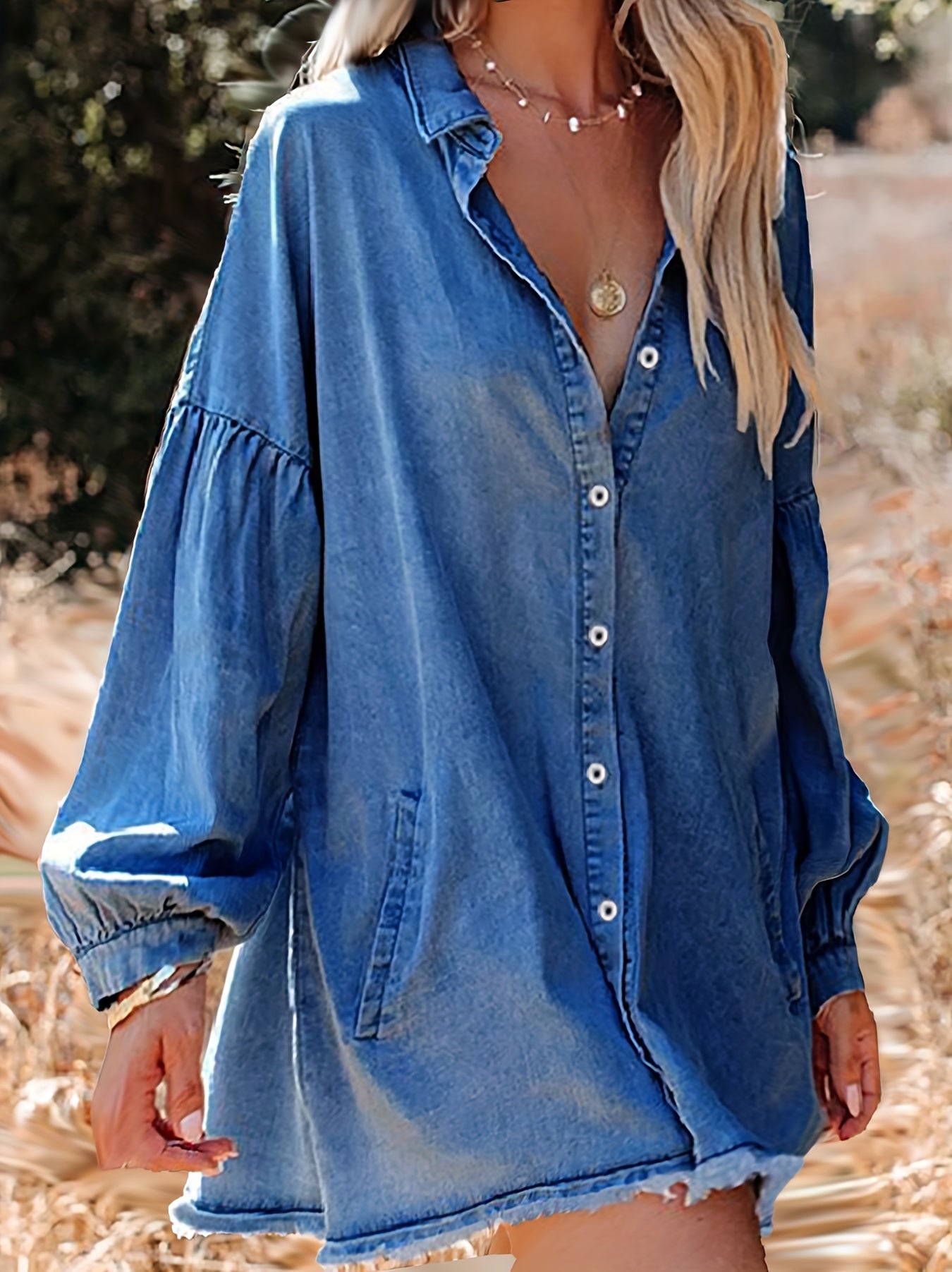 Denim Dress Button Up Collar Lantern Sleeve Loose Fit Mini