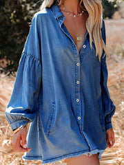 Denim Dress Button Up Collar Lantern Sleeve Loose Fit Mini