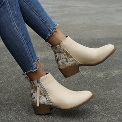 Women's Chunky Heeled Ankle Boots Print Side Zipper Short Boots