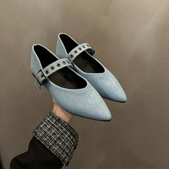 Women's Denim Flat Shoes Casual Point Toe Buckle Strap Barefoot Shoes