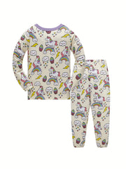 Boys Unicorn Print Pajama Set Family Outfit Round Neck Long Sleeve Top & Pants