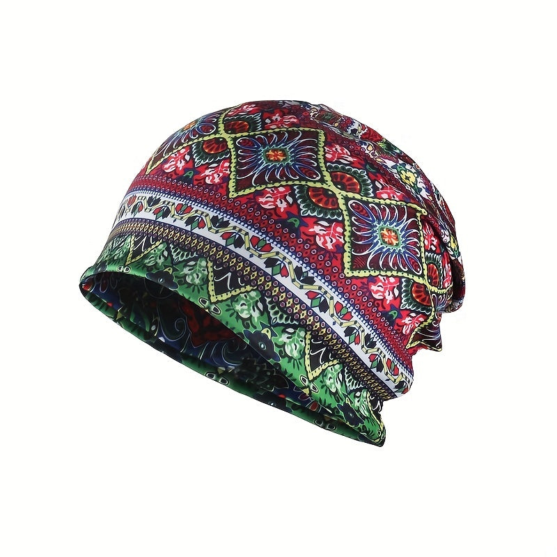 Vintage Flower Print Beanie Boho Elastic Headband Skull Cap