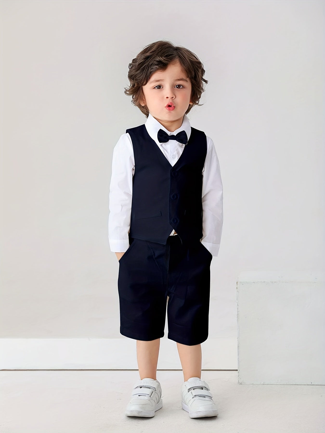 Baby Toddler Gentleman Suits Dress Shirt with Bow and Vest and Shorts
