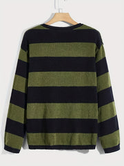 Knitted Stripe Pattern Men's Round Neck Pullover Sweater