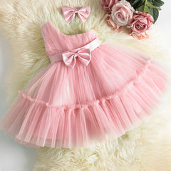2pcs Baby Girls Cold Shoulder Bowknot Mesh Princess Dress & Headband Set
