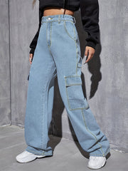 Y2K Style Baggy Cargo Pants Flap Pockets Denim Jeans