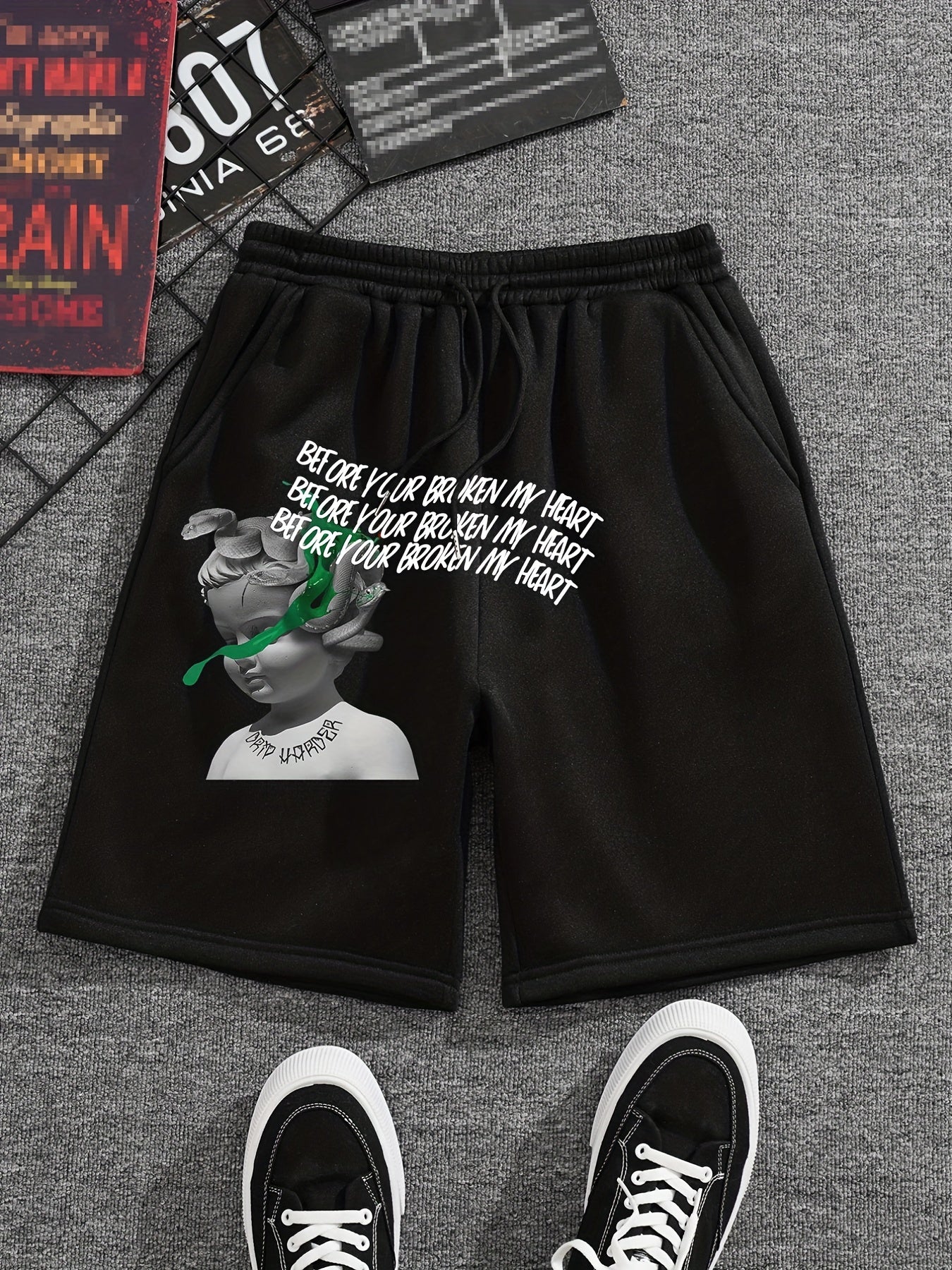 Snake & Child Statue Comfy Shorts Men's Casual Elastic Waist Drawstring Shorts