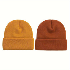 2pcs Acrylic Beanie Hat for Autumn/Winter Knitted Pullover Cap Candy Solid Cap